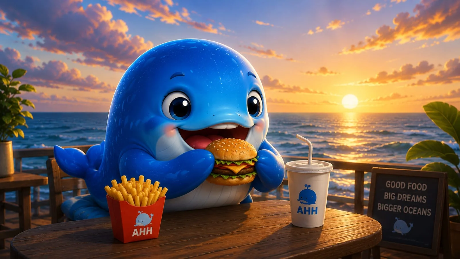 AHH happily eating a burger and fries by the sea