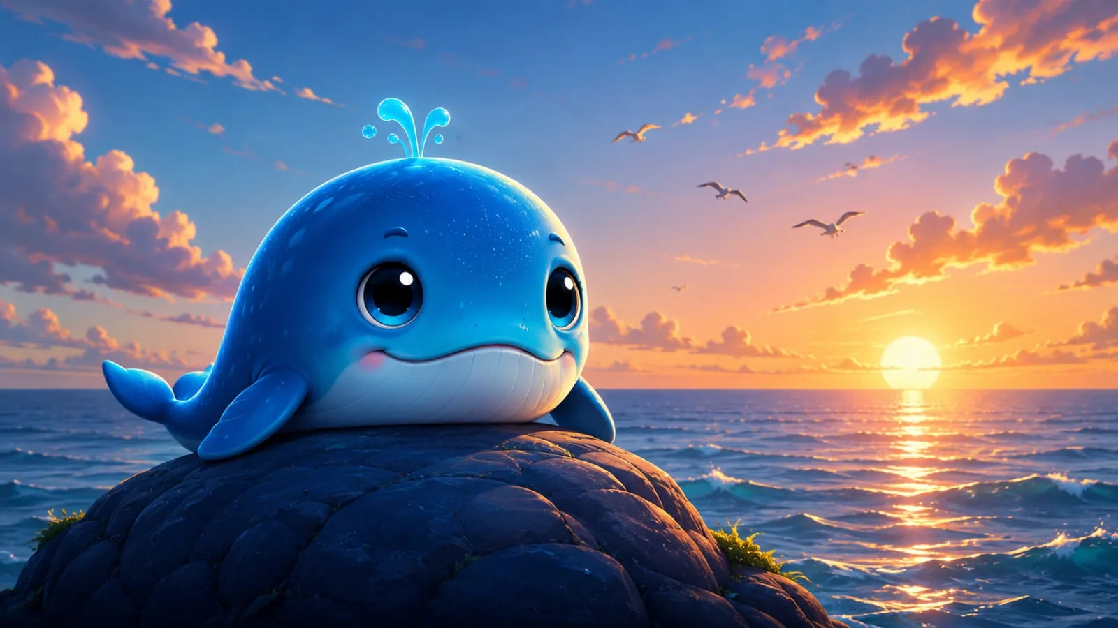 AHH the whale resting on a rock, watching the sunset over the ocean