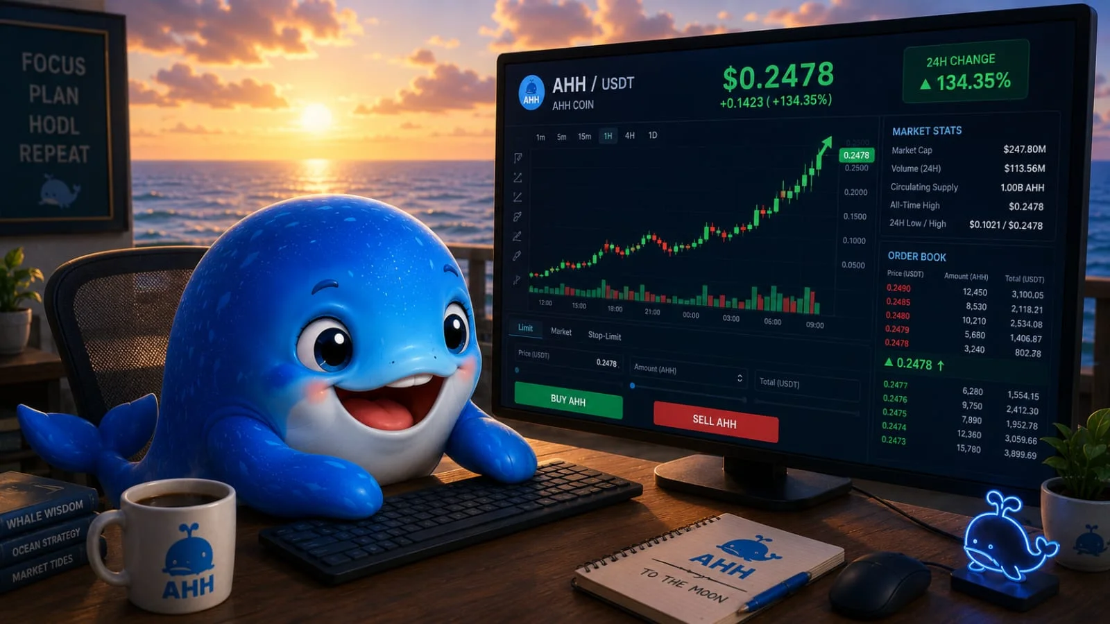 AHH watching an AHH chart climb on a desk by the ocean